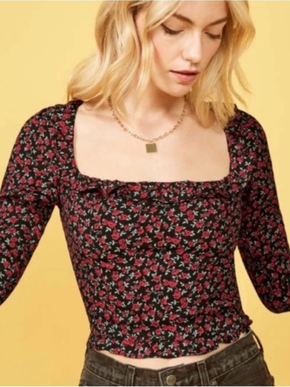 Reformation Black Square-Neck Barb Floral Crop Top with Red Roses (Mabel Print)